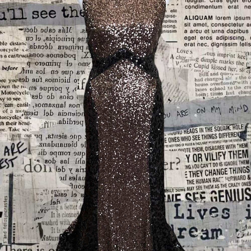 Vintage Badgley Mischka Brown and black sequin maxi dress with a slit Sz 6